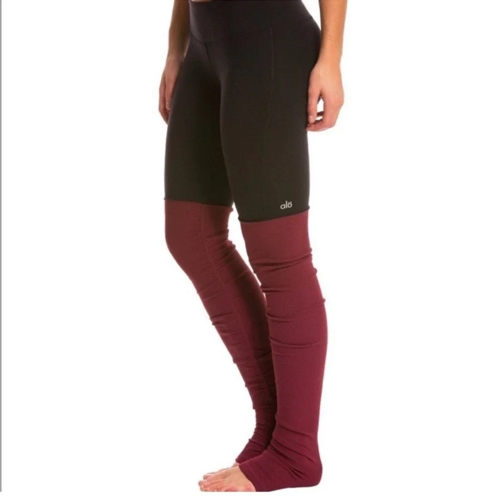 ALO YOGA GODDESS ruched ribbed two-tone color-block stretch knit leggings Xsmall